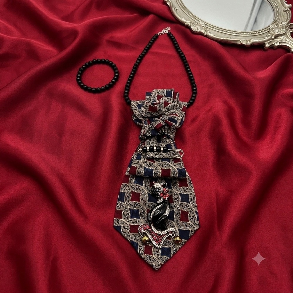 Evan-Picone Upcycled Tie Necklace Set Black Cat Brooch Beaded Bracelet Earrings